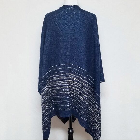 VINTAGE 80s Handmade Blue Striped Poncho Shawl - Picture 8 of 8